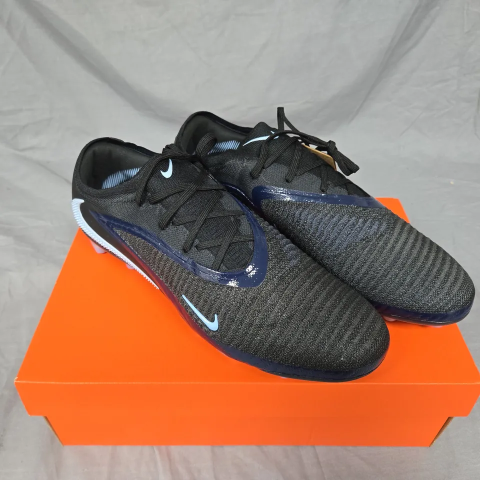 NIKE FOOTBALL BOOTS – BLACK KNIT UPPER WITH LIGHT-BLUE SWOOSH. UK SIZE 11.5