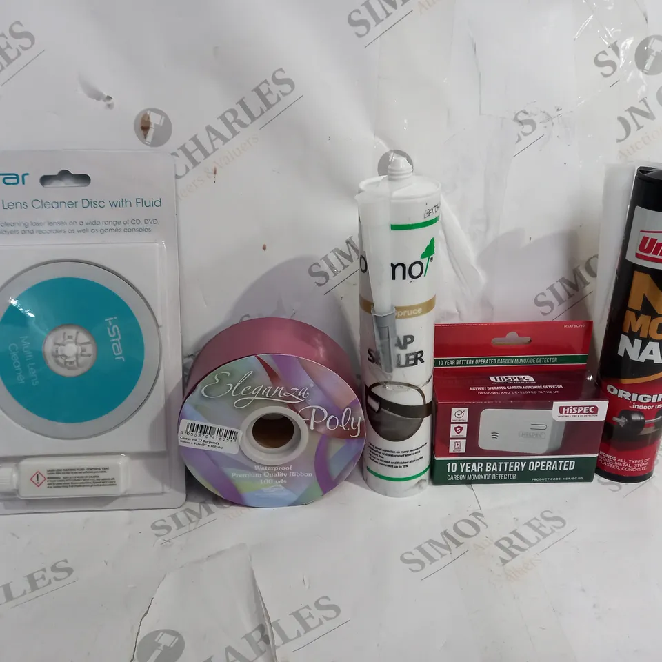 BOX OF APPROXIMATELY 12 ASSORTED ITEMS TO INCLUDE - I-STAR MULTILENS CLEANER DISK - HISPEC CARBON MANOXIDE ALARM - NO MORE NAILS ECT