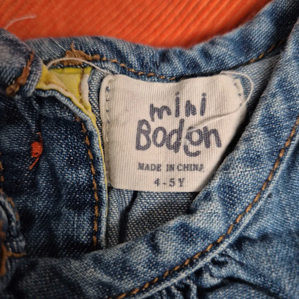 H&M orange top + Boden denim pinafore dress set, kids, UK 4-5 (EU 110)