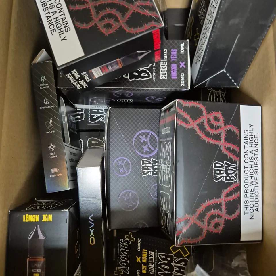 APPROXIMATELY 12 ASSORTED E-CIGARETTE PRODUCTS TO INCLUDE SAD BOY E-LIQUID & XLIM PRO POD