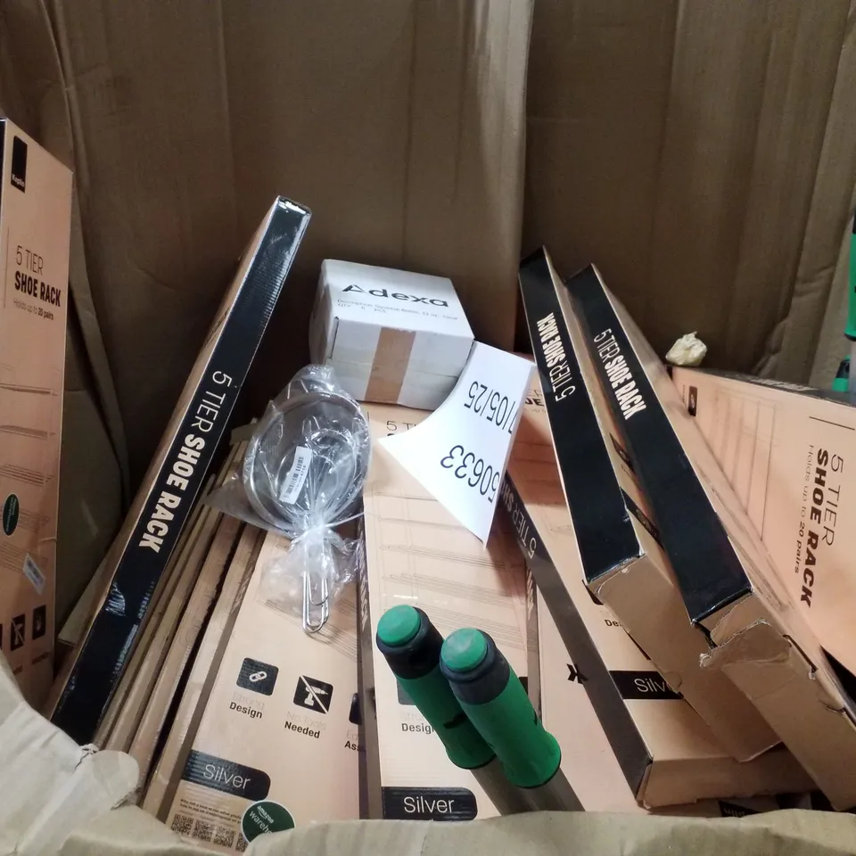 PALLET CONTAINING ASSORTED PRODUCTS INCLUDING 5-TIER SHIE RACK, UMBRELLA STAND, POP UP TENT, MULTIPURPOSE FLEXIBLE BUCKETS & KIDS UMBRELLAS