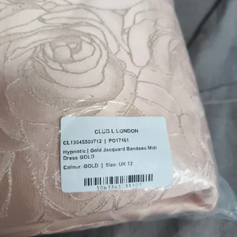 CLUB L LONDON HYPNOTIC GOLD JACQUARD BANDEAU MIDI DRESS – UK 12