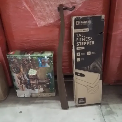 PALLET OF ASSORTED HOUSEHOLD GOODS AND PRODUCTS TO INCLUDE;FITNESS STEPPER,MUSICAL INSTRUMENTS HOLDER,LEGO
