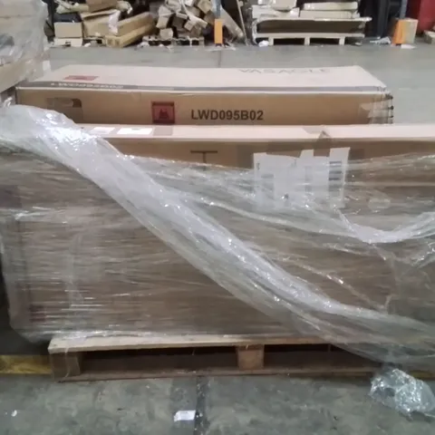 PALLET OF ASSORTED HOUSEHOLD GOODS AND PRODUCTS TO INCLUDE;COMPUTER DESK,KITCHEN ISLAND,PATIO UMBRELLA 