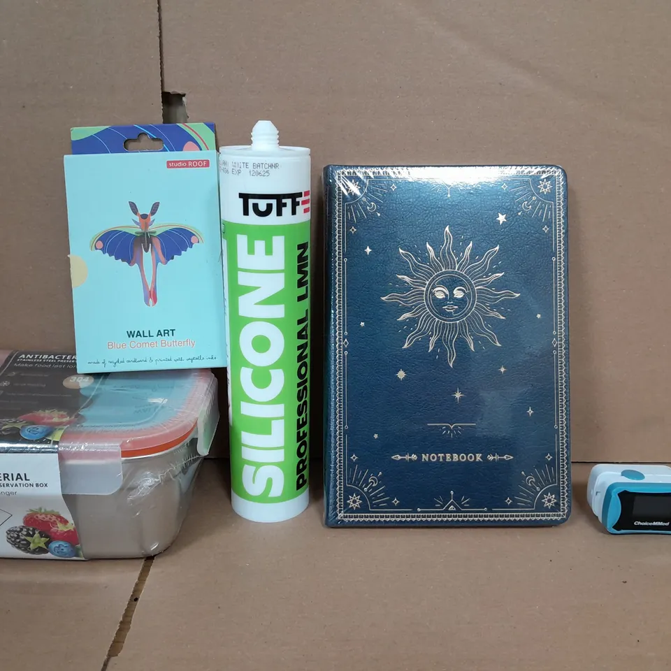 BOX OF APPROXIMATELY 14 ASSORTED ITEMS TO INCLUDE - NOTEBOOK , SILICONE , WALL ART ETC