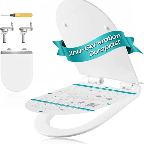 SONGMICS ELONGATED D-SHAPE TOILET SEAT SOFT CLOSE, WITH HANDLE, QUICK-RELEASE, EASY INSTALLATION, DUROPLAST, 300 KG HIGH LOAD, HEAVY-DUTY, WHITE
