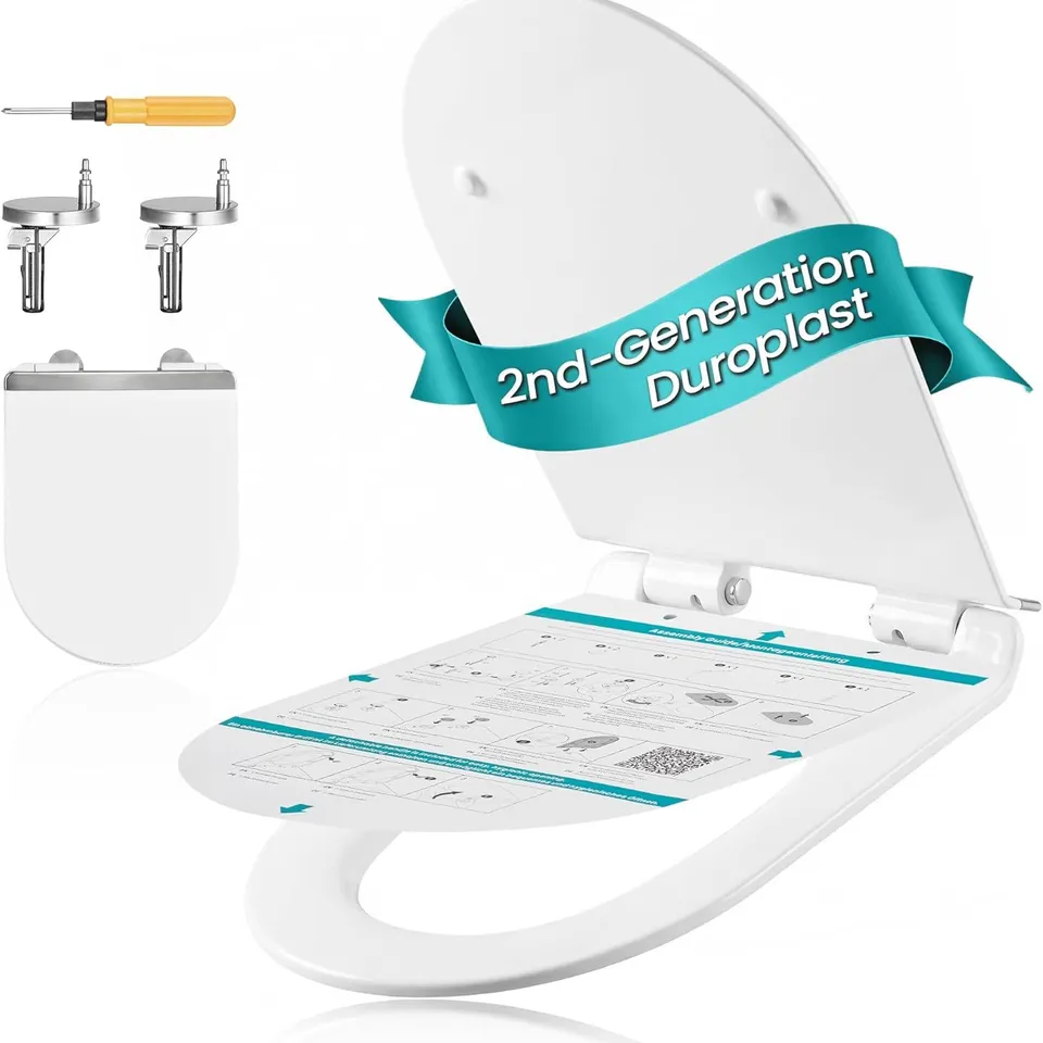 SONGMICS ELONGATED D-SHAPE TOILET SEAT SOFT CLOSE, WITH HANDLE, QUICK-RELEASE, EASY INSTALLATION, DUROPLAST, 300 KG HIGH LOAD, HEAVY-DUTY, WHITE