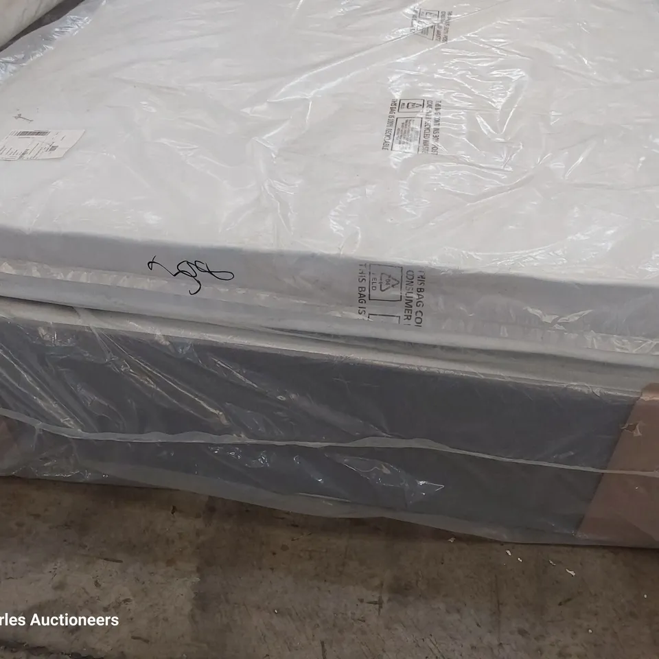 QUALITY BAGGED 4'6" DOUBLE DIVAN BED COMPRISING MICROCOIL ORTHO MATTRESS ON GREY FABRIC BASE