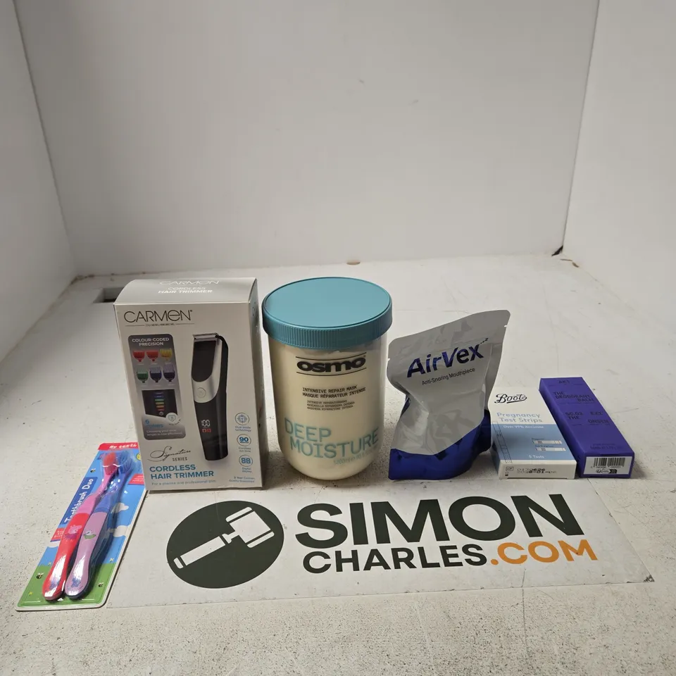 TOTE OF APPROXIMATELY 10 ASSORTED ITEMS INCLUDING PEPPA PIG TOOTHBRUSH DUO, CARMEN CORDLESS HAIR TRIMMER AND OSMO INTENSIVE REPAIR MASK