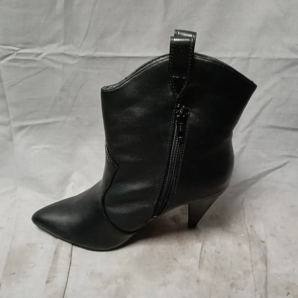 ASOS BLACK LEATHER LOOK ANKLE BOOTS WITH SIDE ZIP – POINTED TOE, MID-HEEL