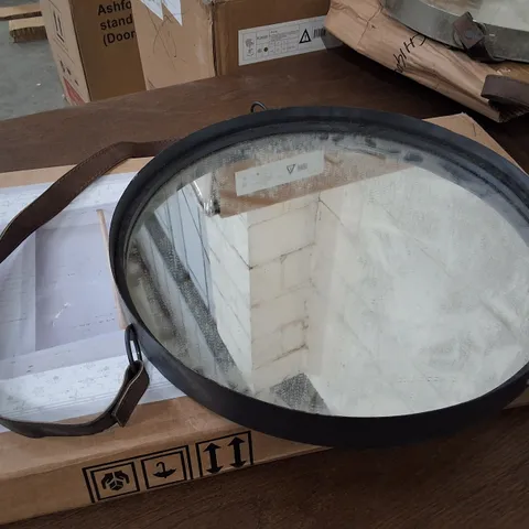 MARSTON WALL HANGING MIRROR WITH BLACK FRAME & LEATHER STRAP 40CM