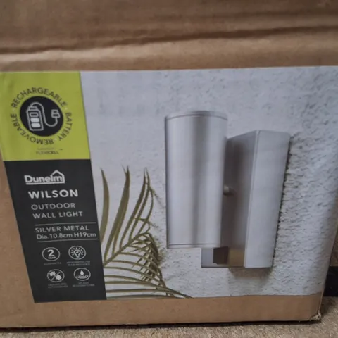 BOXED DUNELM WILSON OUTDOOR WALL LIGHT – UP AND DOWN RECHARGEABLE, SILVER