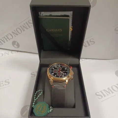 BOXED GAMAGES LONDON APEX ROSE GOLD BLACK DIAL CHRONOGRAPH MOVEMENT WATCH