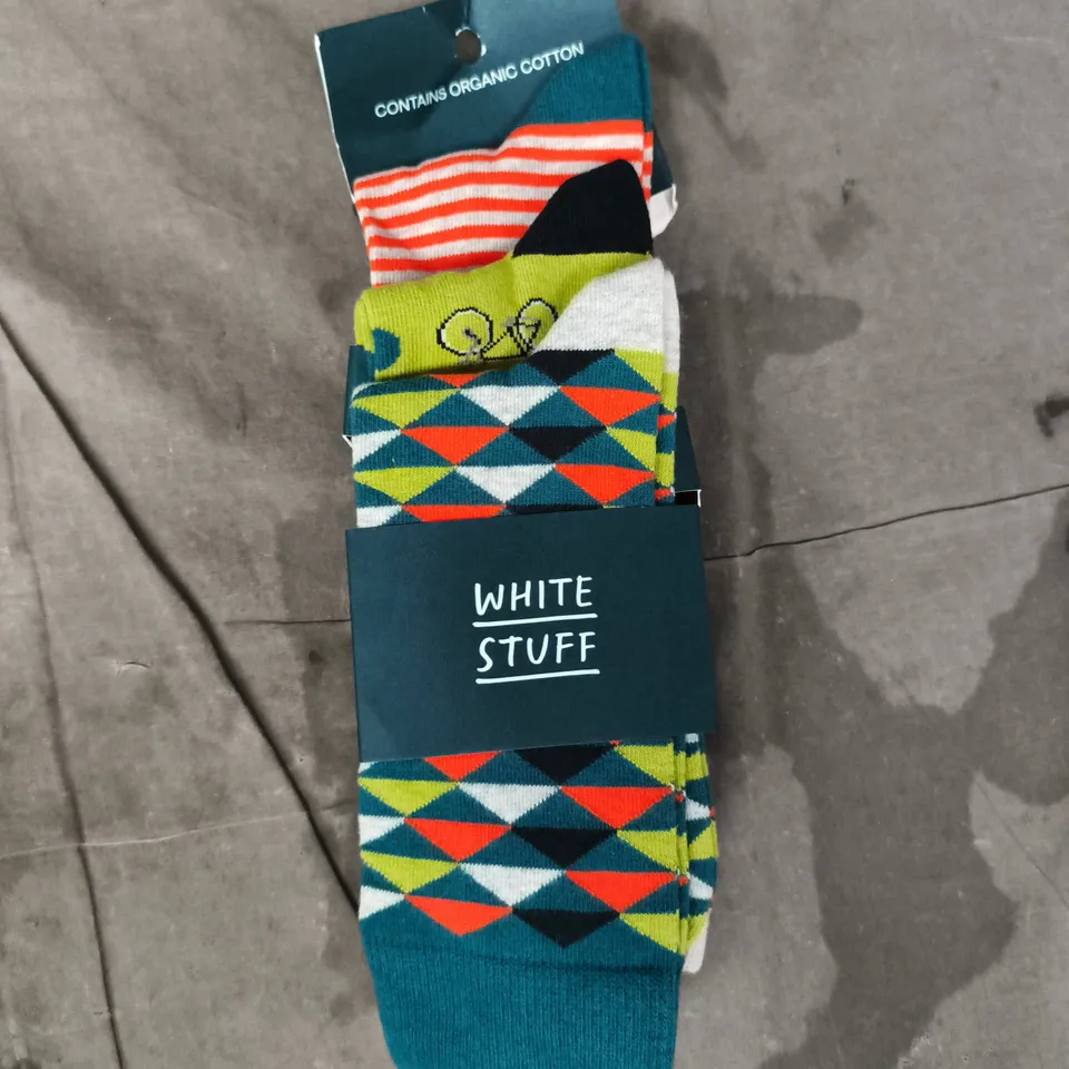 WHITE STUFF PACK OF 3 BICYCLE GEO SOCKS IN MULTICOLOUR SIZE UK 10-12