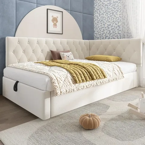 BOXED DAYBED UPHOLSTERED SINGLE SOFA BED WITH HYDRAULIC OTTOMAN STORAGE, BED FRAME WITH REVERSIBLE HEADBOARD, 196L X 100W X 77H CM, BEIGE