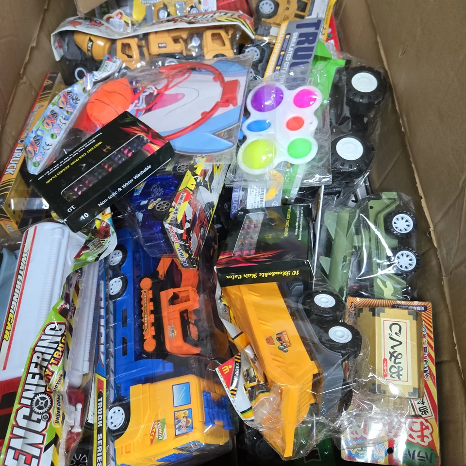 APPROXIMATELY 100 ASSORTED TOYS TO INCLUDE CITY TRUCK MISSLE TRUCK, WARRIOR WEAPON SERIES TOY ARMOUR, MINI BASKETBALL HOOP WITH BALL, ETC