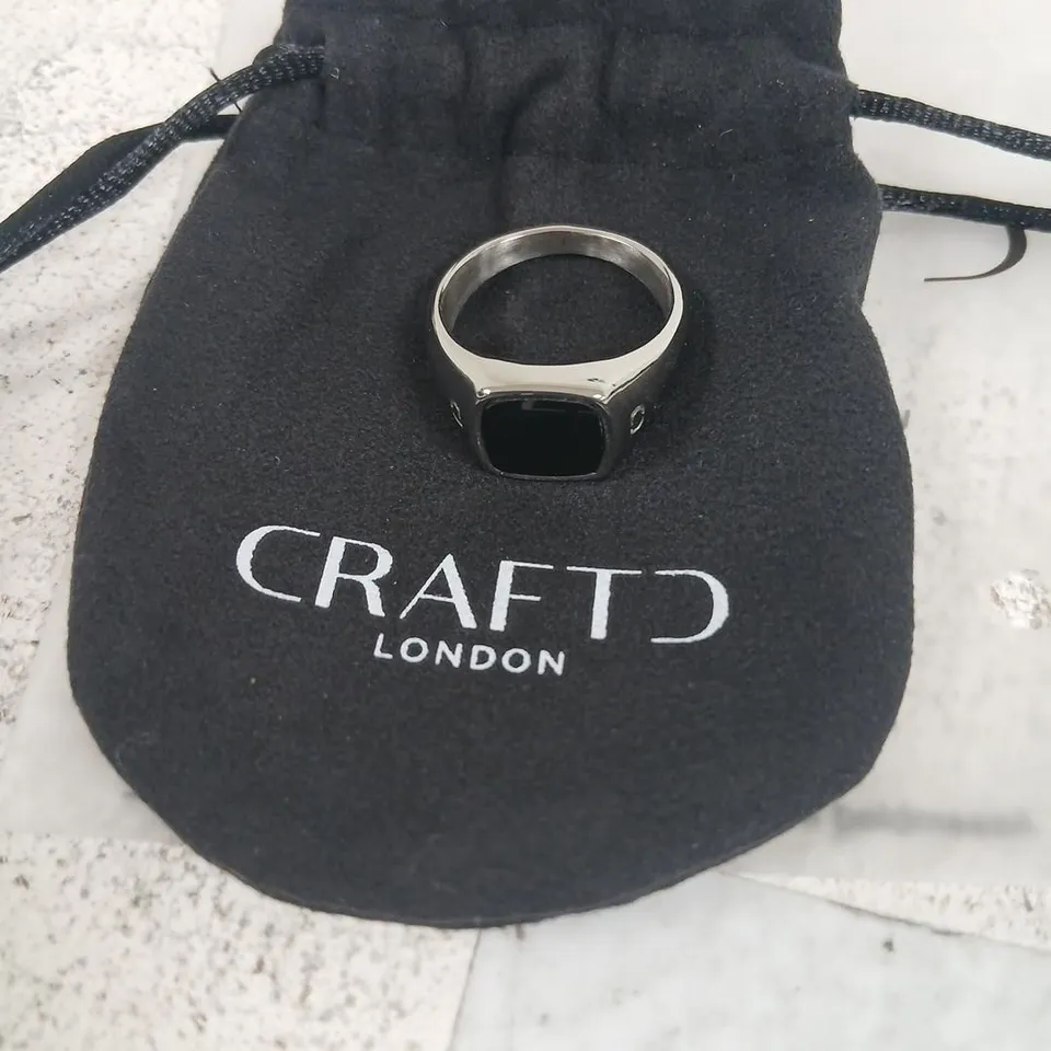CRAFTD LONDON RING – SILVER TONE WITH BLACK RECTANGULAR FACE