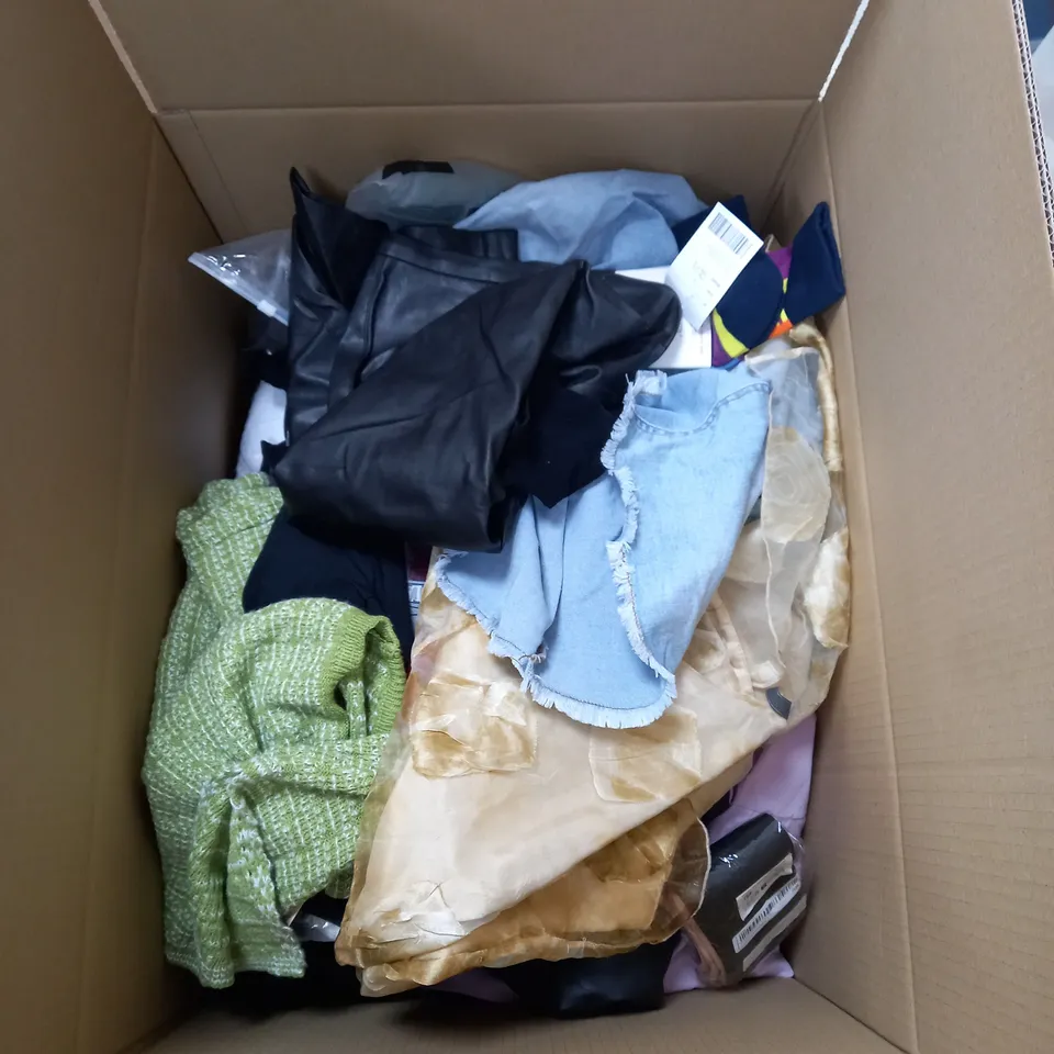 BOX OF ASSORTED CLOTHING ITEMS TOO INCLUDE JUMPERS, SHIRTS AND TROUSERS IN VARIOUS SIZES AND COLOURS   