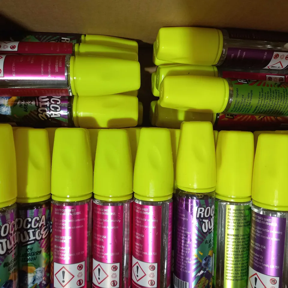 BOX OF APPROXIMATELY 50 ASSORTED ROCCA JUICE 50ML BOTTLES IN VARIOUS FLAVOURS TO INCLUDE STRAWBERRY, ICY BLUEBERRY LEMON, ICY STRAWBERRY KIWI, ETC