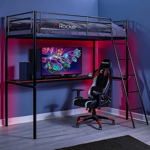 BOXED X-ROCKER HQ GAMING BUNK BED WITH LARGE DESK KIDS LOFT HIGH SLEEPER 3FT SINGLE - BLACK (2 BOXES)