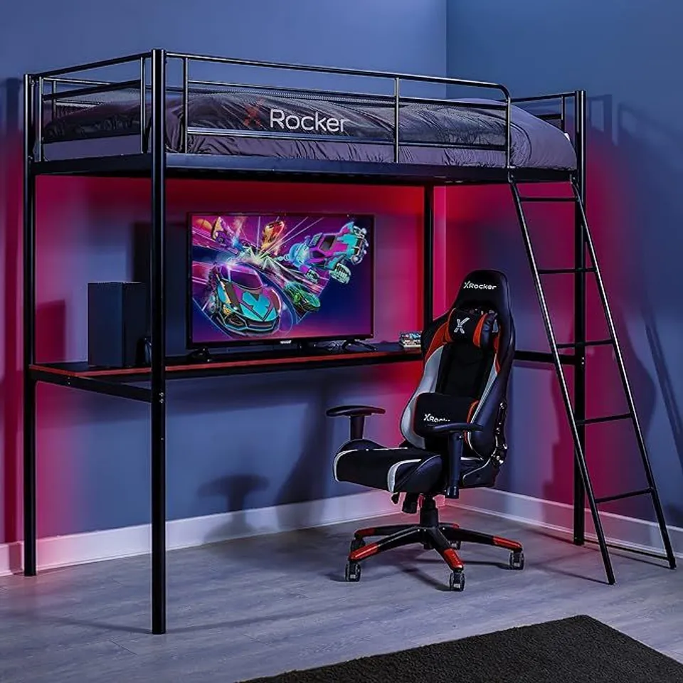 BOXED X-ROCKER HQ GAMING BUNK BED WITH LARGE DESK KIDS LOFT HIGH SLEEPER 3FT SINGLE - BLACK (2 BOXES)