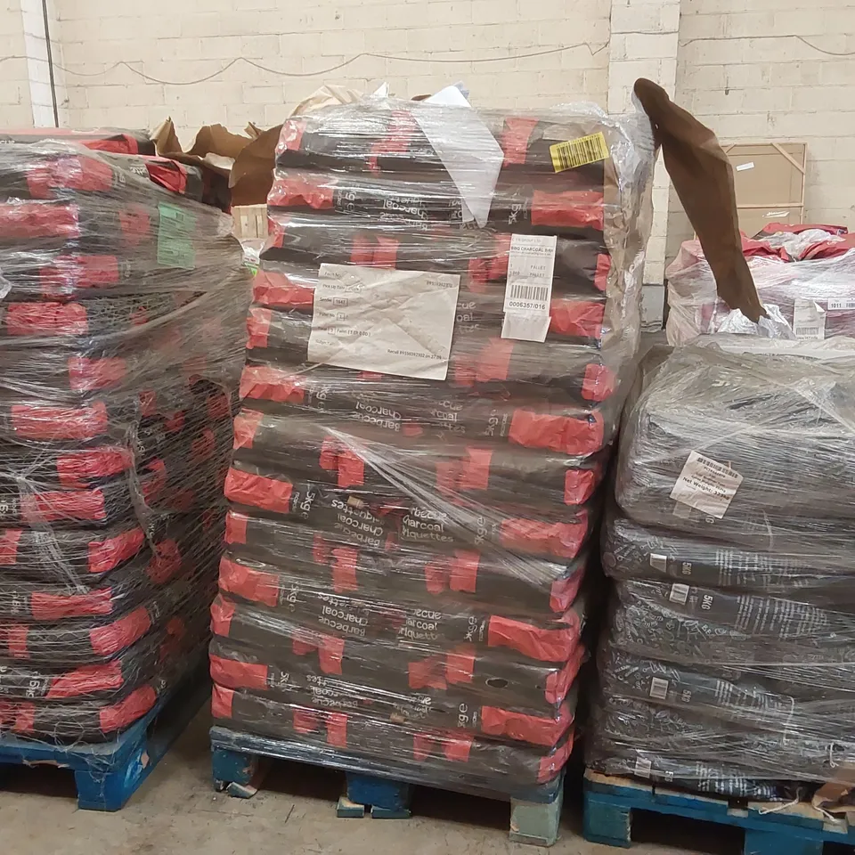PALLET CONTAINING A LARGE QUANTITY OF CHARCOAL BRIQUETTE BAGS 