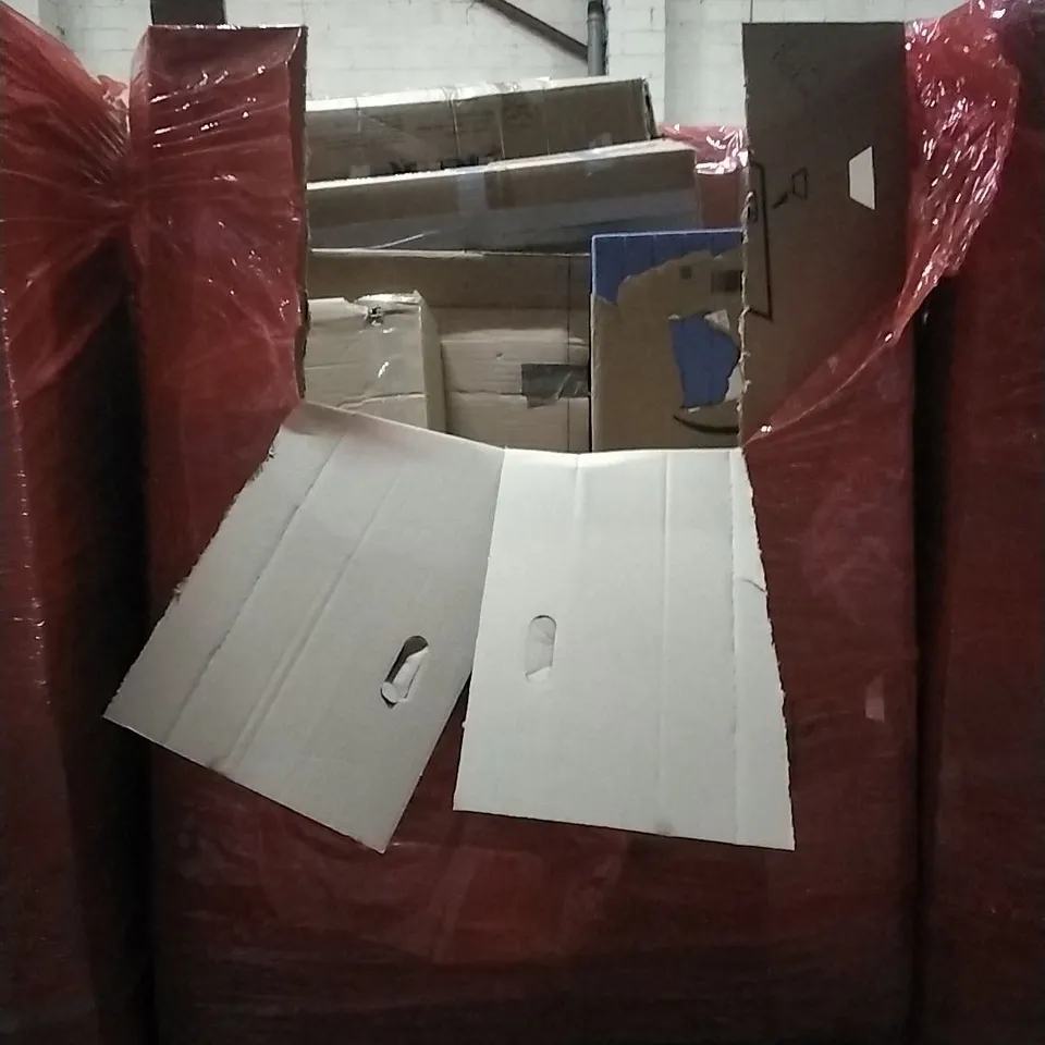 PALLET OF HOUSEHOLD ITEMS TO INCLUDE WALKING MASSAGE CUSHION, PAPER SHREDDER, GOVEE UPLIGHTER FLOOR LAMP,CHRISTMAS TREE AND OTHER ASSORTED ITEMS...