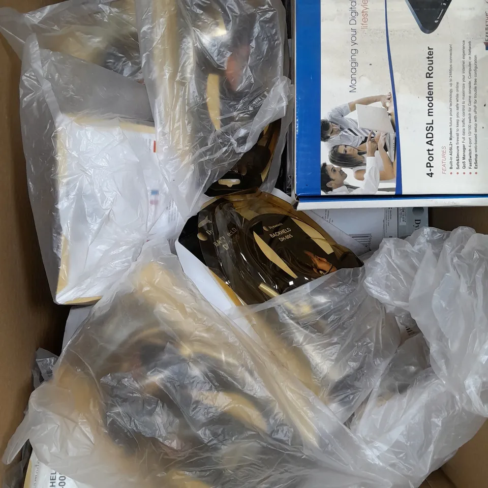 BOX OF APPROXIMATELY 20 ASSORTED ELECTRICAL ITEMS TO INCLUDE MODEMS, HEADSETS, NETWORK ADAPTERS ETC - COLLECTION ONLY