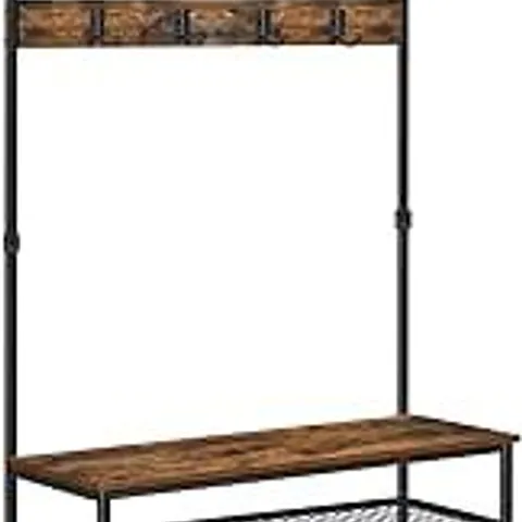 BOXED VASAGLE COAT RACK STAND, LARGE HALL TREE WITH BENCH AND SHOE STORAGE, 9 HOOKS, SHOE RACK, HANGING RAIL, 41.5 X 100 X 182 CM, RUSTIC BROWN AND BLACK