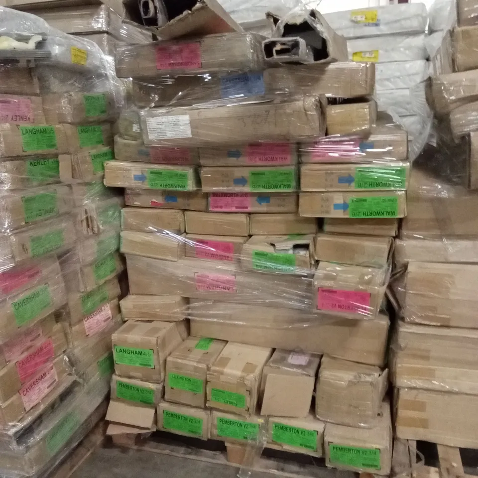 PALLET TO CONTAIN A LARGE ASSORTMENT OF INCOMPLETE DESIGNER BED PARTS AND PIECES 