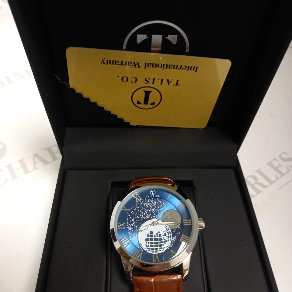 TALIS CO. AUTOMATIC ASTRO GLOBE DETAIL LEATHER STRAP WRISTWATCH RRP £699