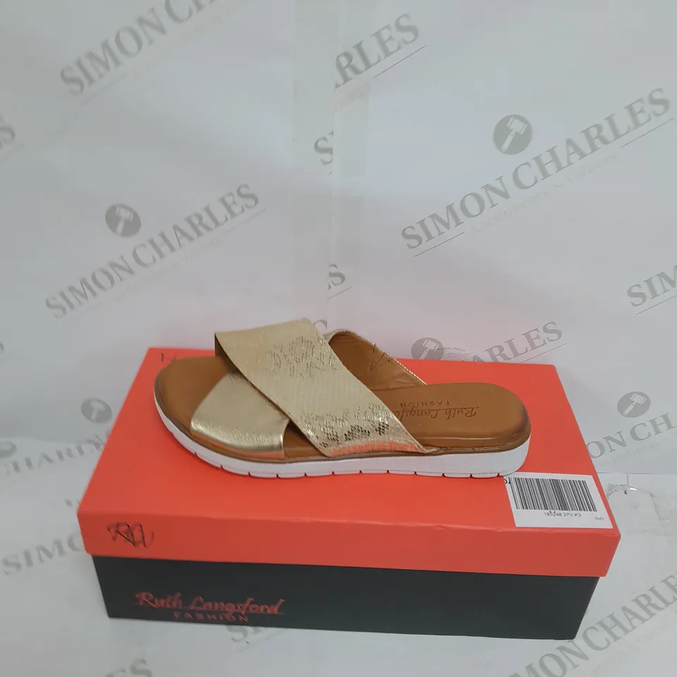 BOXED PAIR OF RUTH LANGSFORD SANDALS IN CHAMPAGNE GOLD SIZE 3