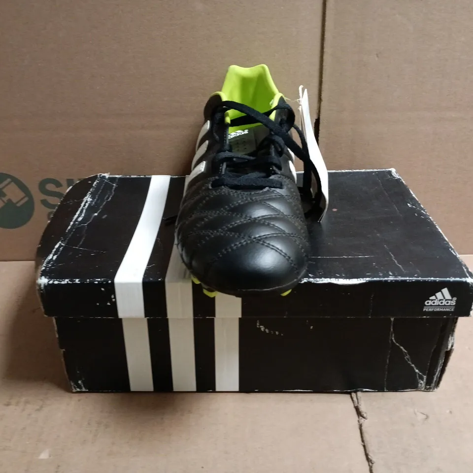 BOXED PAIR OF ADIDAS 11NOVA TRX AG J FOOTBALL BOOTS IN BLACK/LIME SIZE UK 5.5