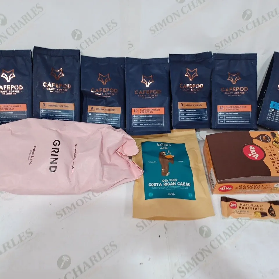 BOX TO CONTAIN APPROX 10 X ASSORTED FOOD & DRINK PRODUCTS, INCLUDES A LARGE NUMBER OF BAGGED COFFEE, ONE BOX OF PROTEIN BARS ETC