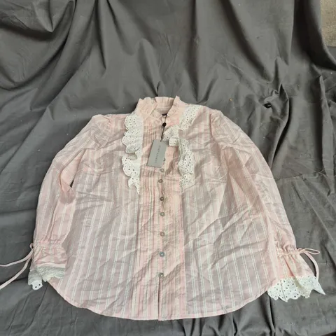 MINT VELVET PINK STRIPED BLOUSE WITH LACE TRIM – WOMEN'S, SIZE S