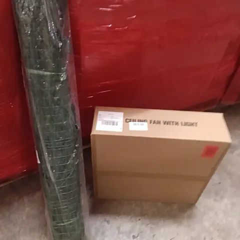 PALLET OF ASSORTED ITEMS INCLUDING - CEILING FAN WITH LIGHT , GREEN PLASTIC GUARD NET, WRAPPING PAPER