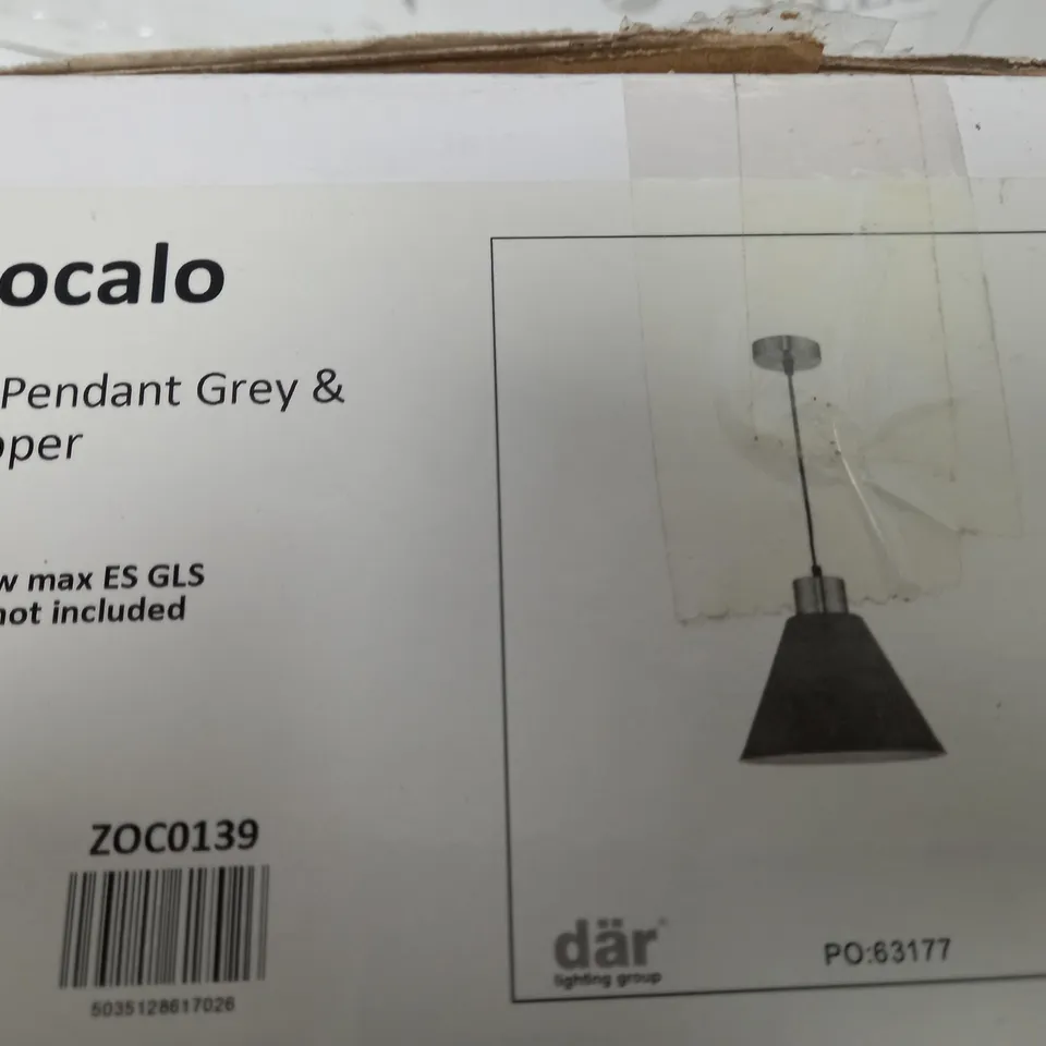 BOXED DAR LIGHTING ZOCALO 1-LAMP CEILING PENDANT LIGHT IN LIGHT GREY COPPER