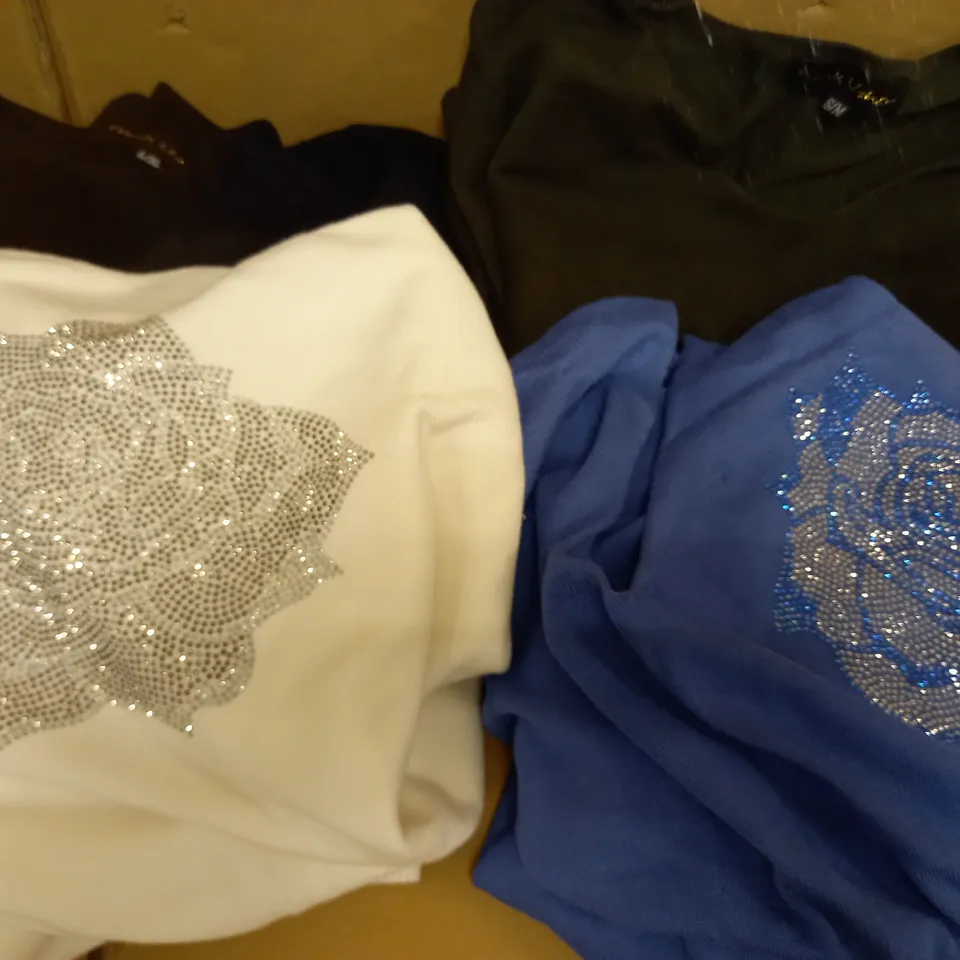 BOX OF VARIOUS WOMEN'S CLOTHING ITEMS TO INCLUDE VELVET-FEEL SHIRTS, BLACK BLAZERS, LONG-SLEEVED T-SHIRTS AND LIGHT JUMPERS WITH FLORAL DIAMANTE DETAIL