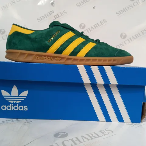 BOXED PAIR OF ADIDAS HAMBURG SHOES IN GREEN/MUSTARD YELLOW UK SIZE 10