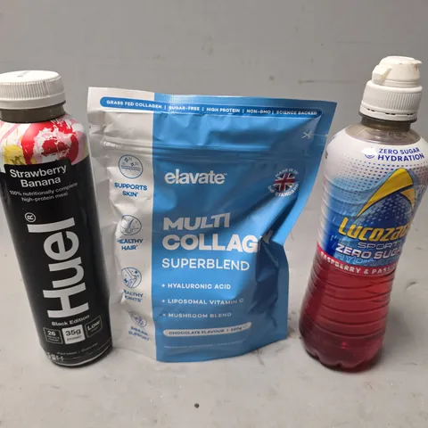 APPROXIMATELY 9 ASSORTED FOOD & DRINK ITEMS TO INCLUDE - HUEL STRAWBERRY BANANA , LUCOZADE RASPBERRY PASSION FRUIT , ELAVATE MULTI COLLAGEN SUPERBLEND ETC