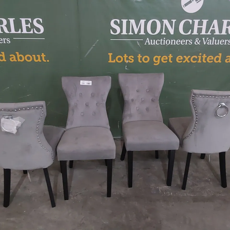 SET OF FOUR DESIGNER UPHOLSTERED BUTTONED RING BACK DINING CHAIRS GREY PLUSH FABRIC WITH STUDDED DETAIL 