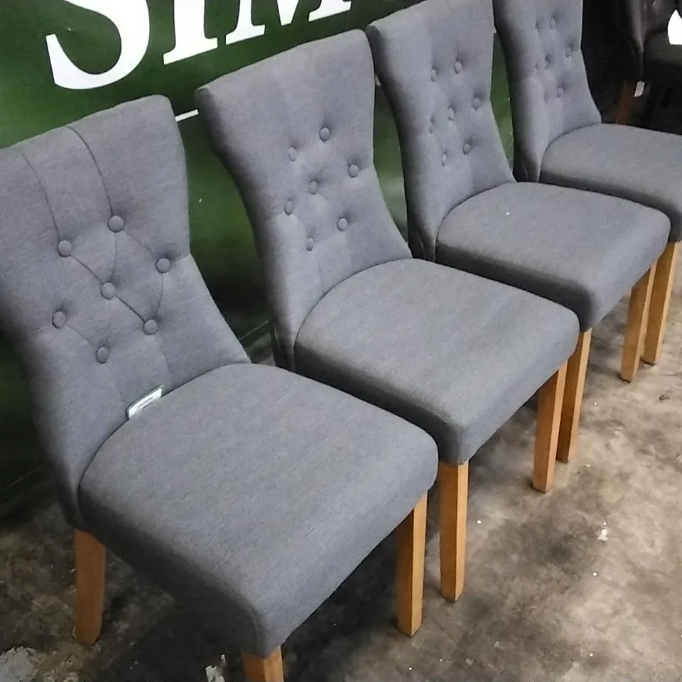 4 DARK GREY FABRIC BUTTONBACK DINING CHAIRS WITH WOODEN LEGS