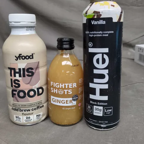 TOTE OF APPROXIMATELY 10 ASSORTED DRINKS ITEMS TO INCLUDE HUEL, YFOOD AND FIGHTER SHOTS