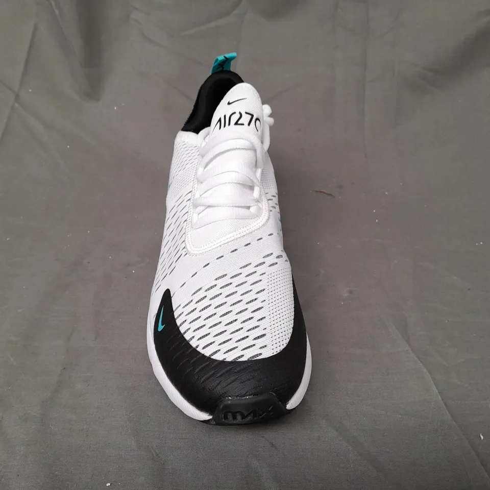 BOXED PAIR OF NIKE AIR MAX 270 SHOES IN WHITE/BLACK/CYAN UK SIZE 8.5