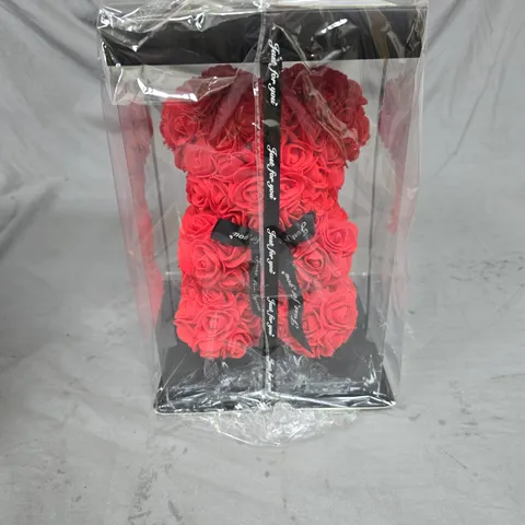 RED ARTIFICIAL ROSE BEAR IN CLEAR GIFT BOX – 'JUST FOR YOU' RIBBON