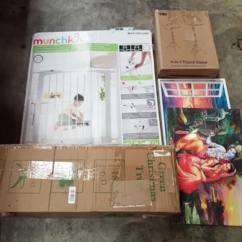 PALLET CONTAINING ASSORTED PRODUCTS INCLUDING 4-IN-1 TRIPOD STAND, BABY SAFTEY GATE, GREEN CHRISTMAS TREE & WRAPPED CANVAS PRINTS
