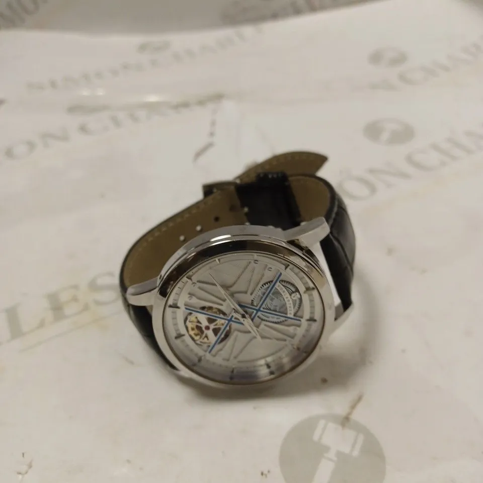 MENS VONLANTHEN AUTOMATIC WATCH – SILVER AND BLUE TEXTURED DIAL - GLASS EXHIBITION BACKCASE – BLACK LEATHER STRAP