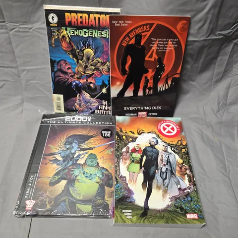 FOUR ASSORTED COMIC BASED ITEMS TO INCLUDE; PREDATOR XENEOGENESIS 4 OF 4, MARVEL NEW AVENGERS EVERYTHING DIES, MARVEL HOUSE OF X/POWERS OF X AND 2000AD THE ULTIMATE COLLECTION ISSUE 186