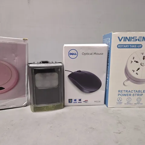 TOTE OF APPROXIMATELY 10 ASSORTED ITEMS TO INCLUDE - DELL OPTICAL MOUSE , POWER STRIP , WARM COASTER ETC