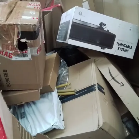 PALLET CONTAINING VARIOUS ASSORTED BOXED HOUSEHOLD ITEMS TO INCLUDE: TURNTABLE SYSTEM, AND LOTS MORE UNMARKED BOXED ITEMS